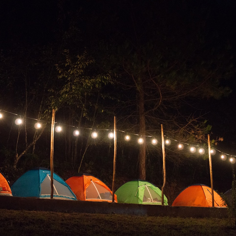 Tiendas iluminadas entre el bosque de Refugio Nómadas