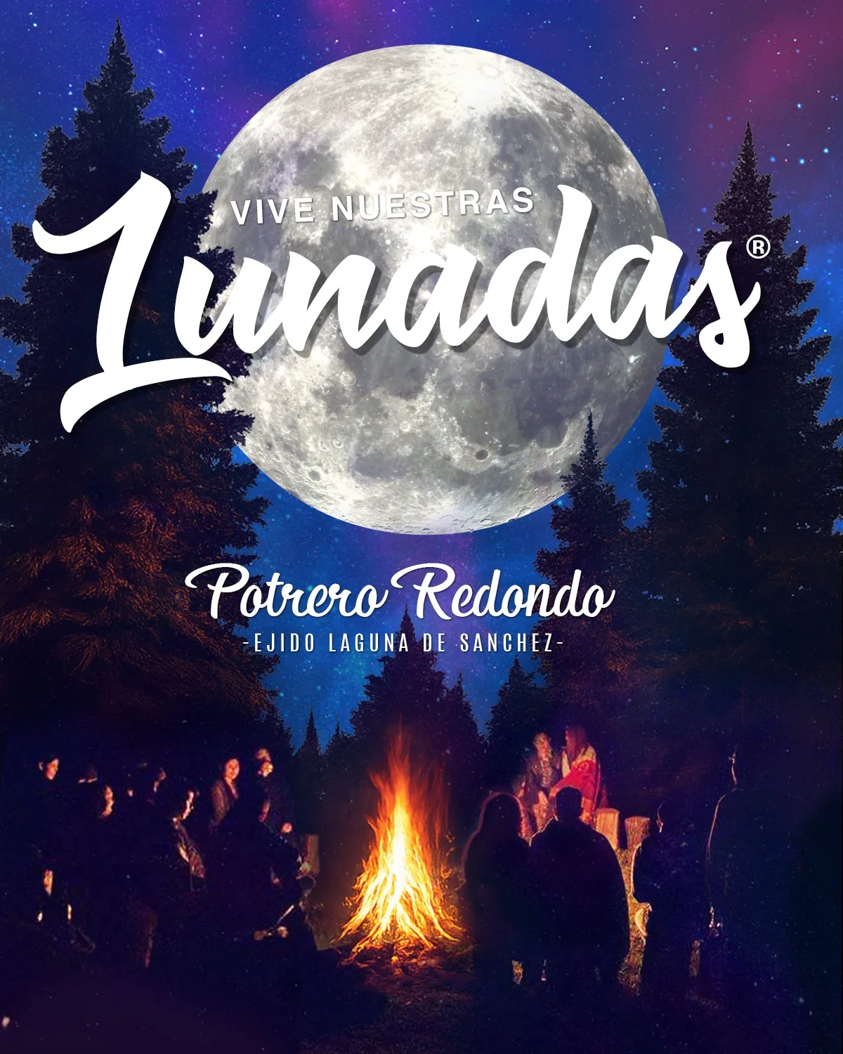 Grupo reunido alrededor de la fogata durante una Lunada